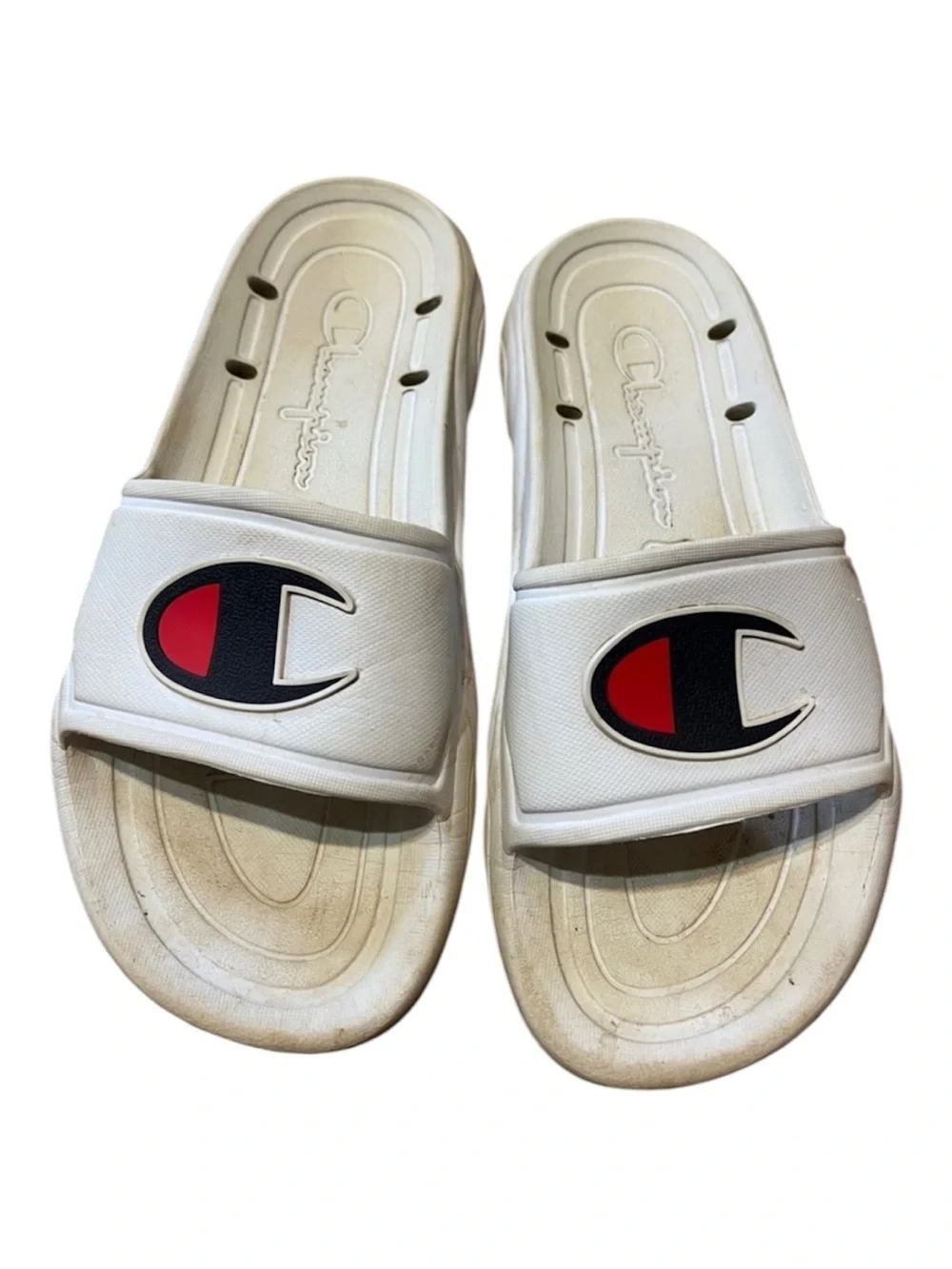 Champion White youth Slide Sandals with Red & Black Logo